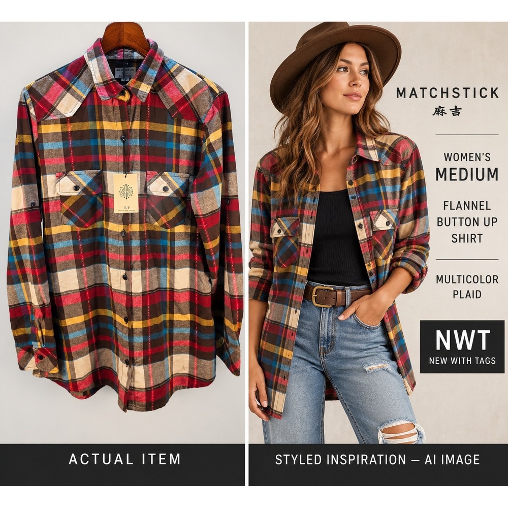 NWT Matchstick Women's Plaid Flannel Shirt Size M Multicolor Button Up Roll Tab
